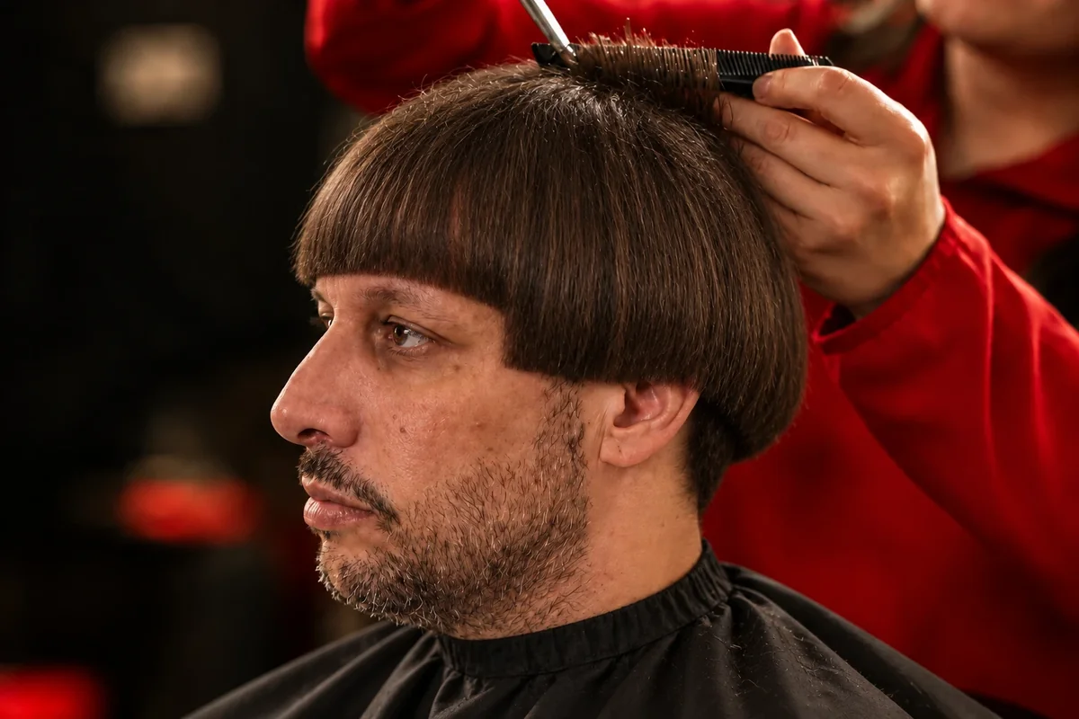 A stylist giving a customer a bowl cut