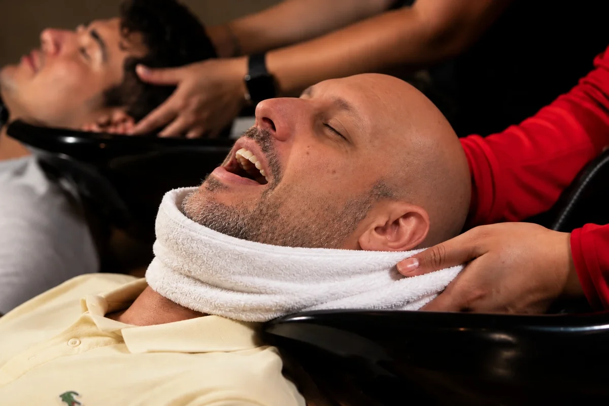 A man blissfully relaxing with a hot towel wrapped around his neck