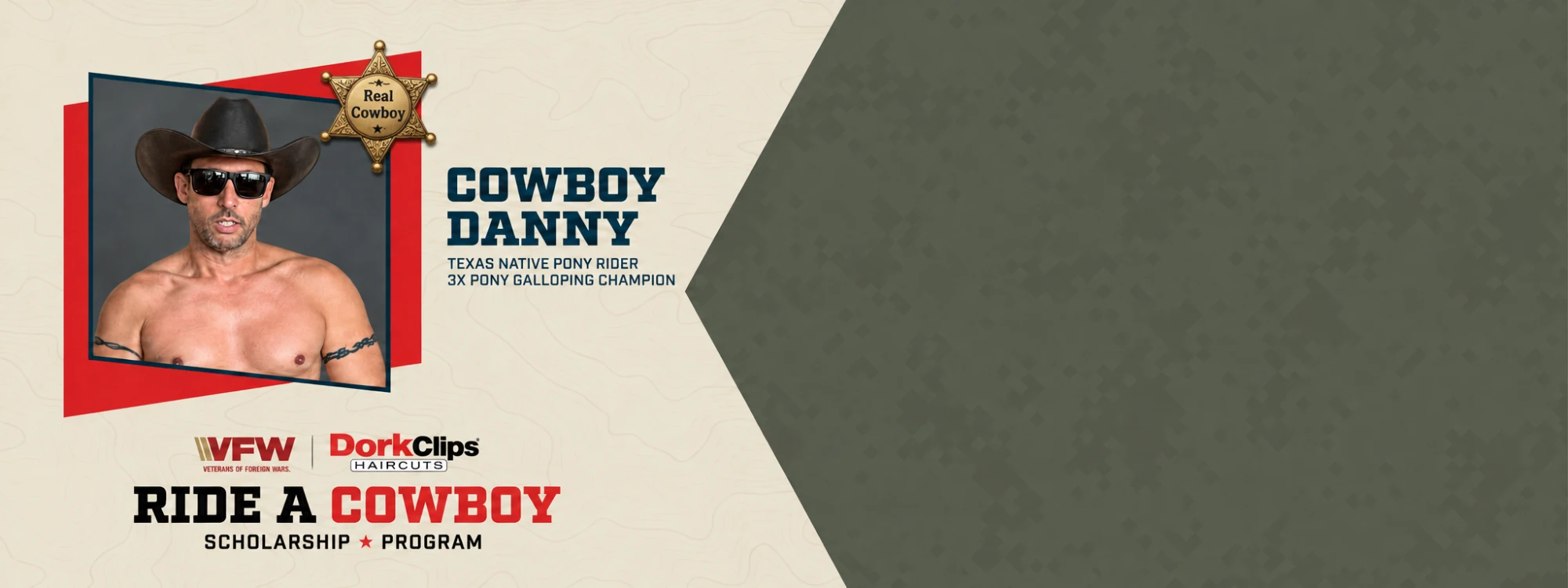 DorkClips parody campaign banner: Cowboy Danny, a Texas native pony rider in a black cowboy hat and sunglasses, under the words Ride a Cowboy