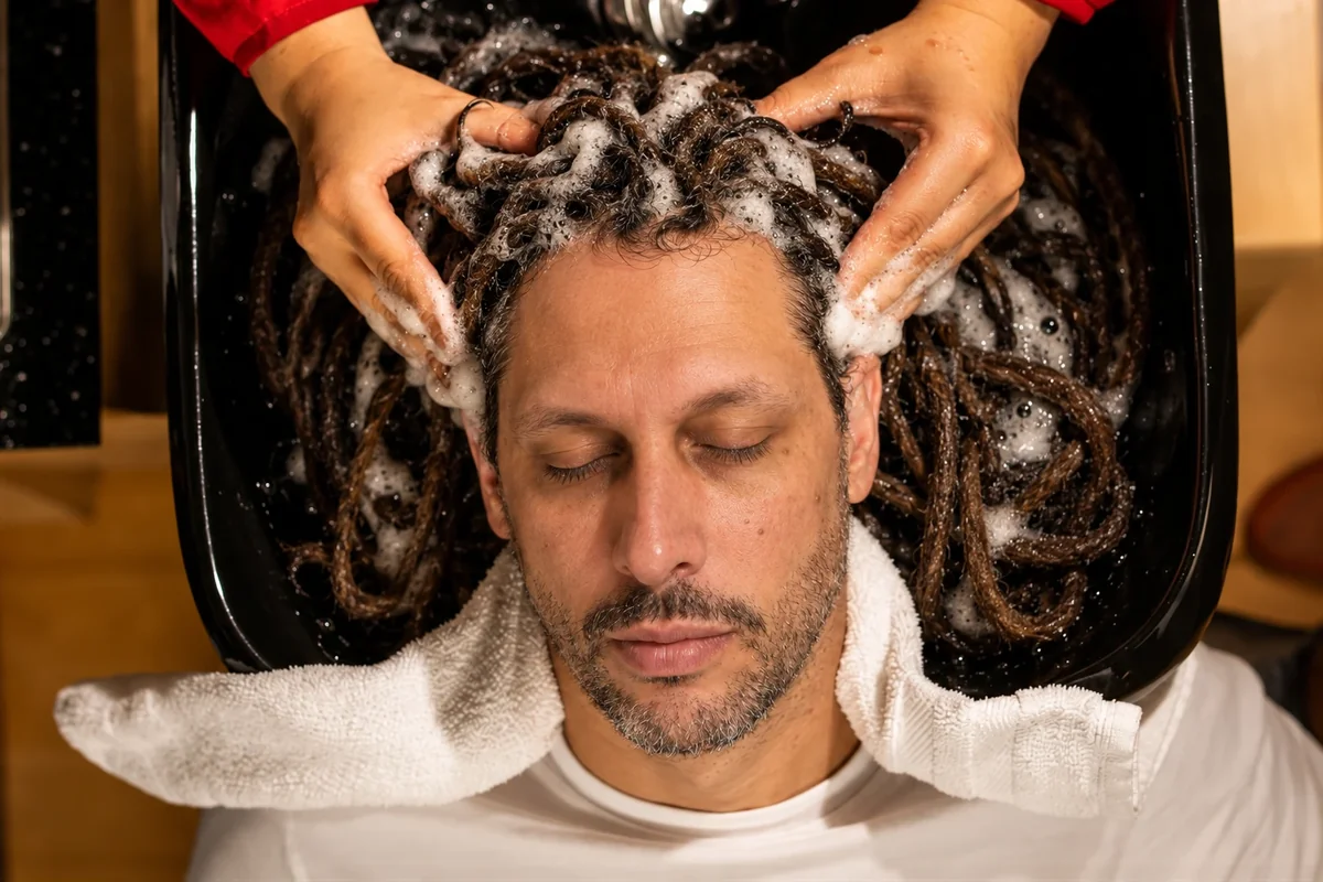 A man with locs relaxing during a massaging shampoo at the basin