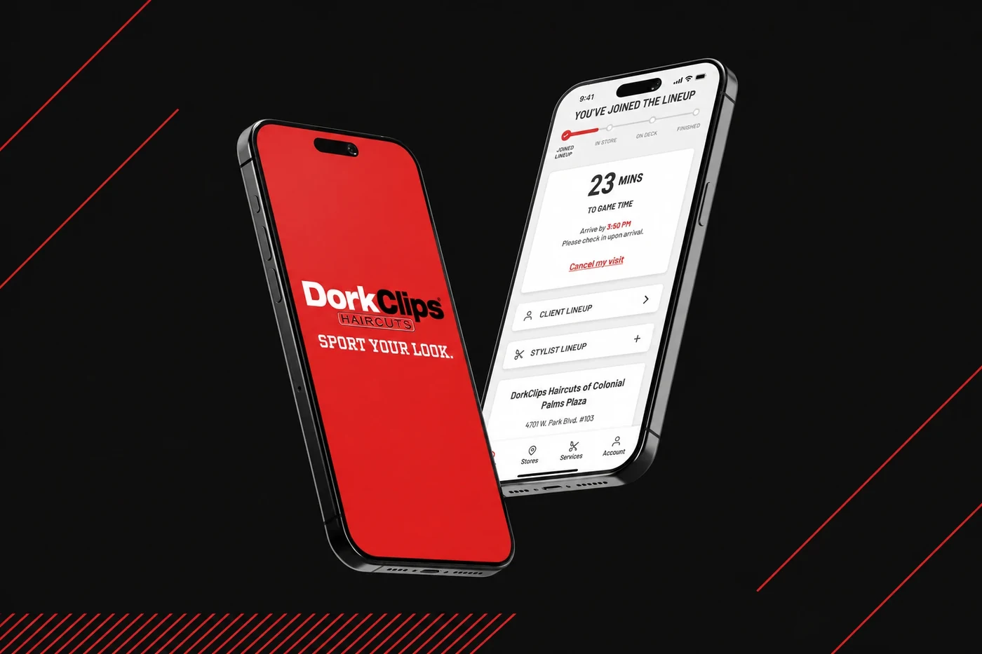 Two phones showing the DorkClips app: a red splash screen reading Sport your look, and a screen confirming you have joined the lineup with a 23 minute wait