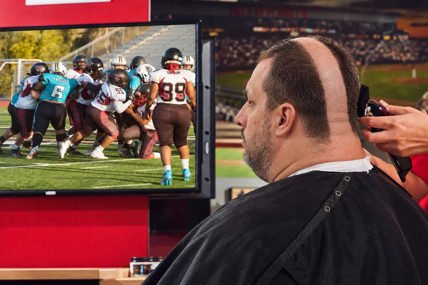 A customer with a very bold striped haircut watching football on a wall-mounted screen