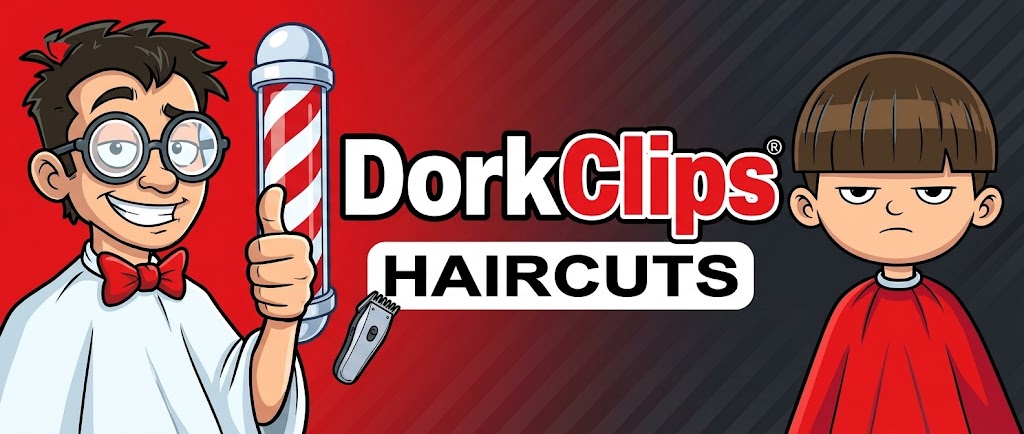 Cartoon DorkClips team banner: a grinning nerd with a barber pole and a bowl-cut kid in a red cape