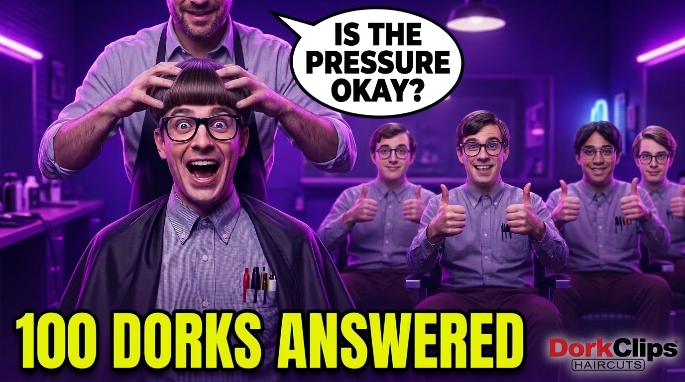 A nerdy customer in glasses delighted by a scalp massage while other customers give thumbs up